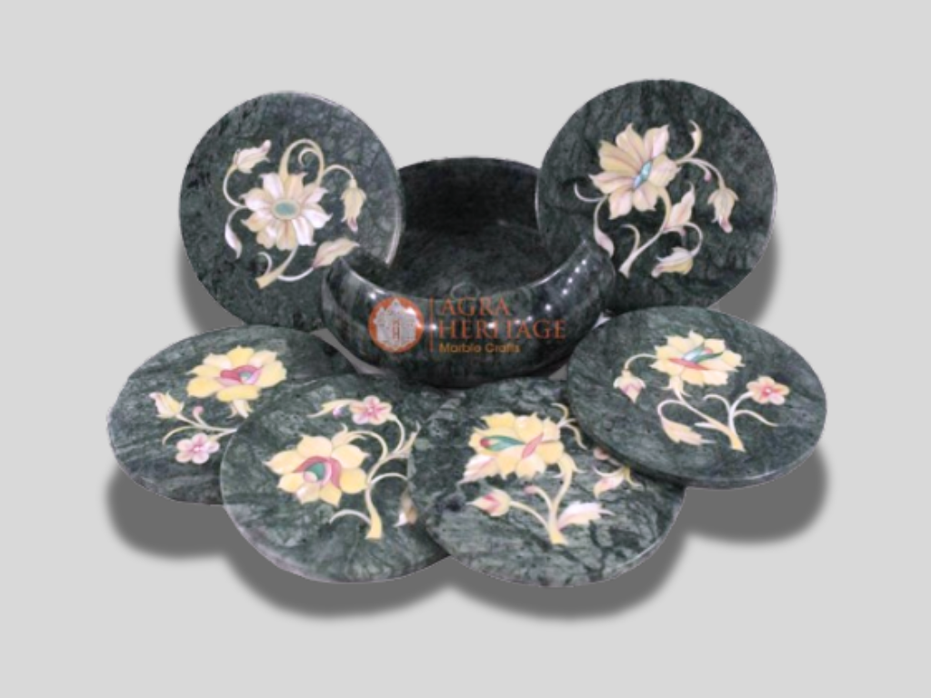 Green Round Marble Coaster Set Mother of Pearl Floral Inlay